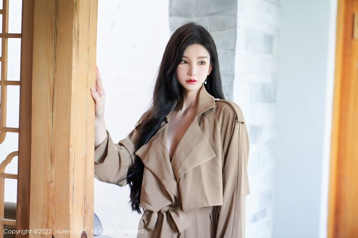 XiuRen第5469期_goddess 周于希 Sally deapricot color 风衣露黑色蕾丝内衣配蕾丝吊袜诱惑Photo 75P 3th image