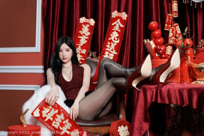 XiuRen 第6174位_Goddess 周于希 Sally 新春主题低chest服饰配ultrathin 黑丝秀完美身Material诱惑Photo 85P 38th image